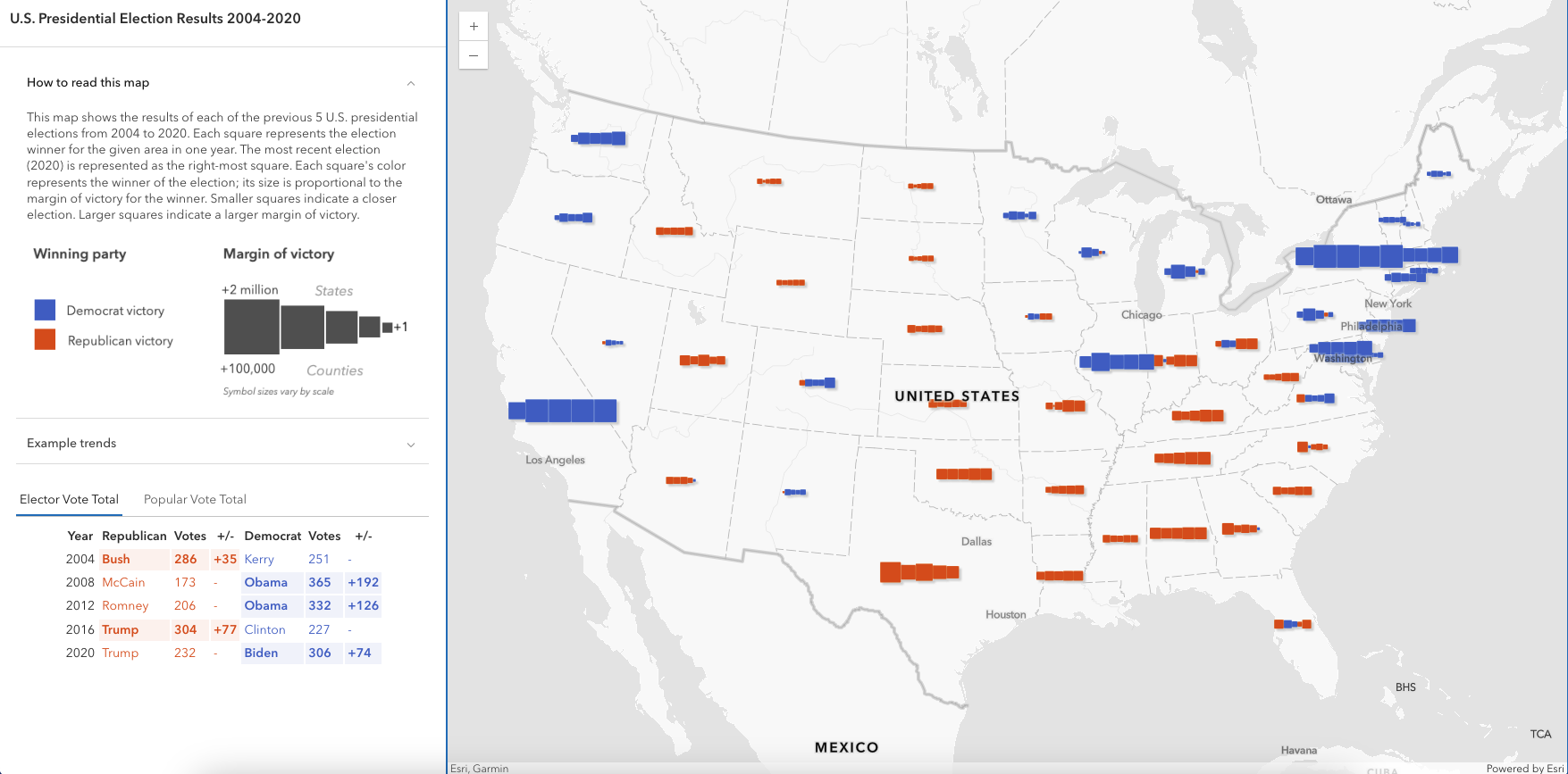 Map showing the results of 5 previous U.S. presidential results all in one visualization.